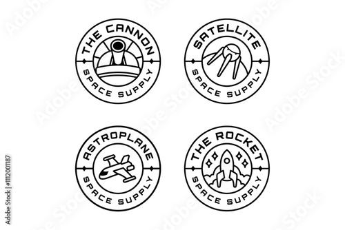 space cannon, spaceship, satellite probe, rocket launch outline modern illustration badge logo design set for astronautic, science, galaxy, space, adventure, kids merchandise