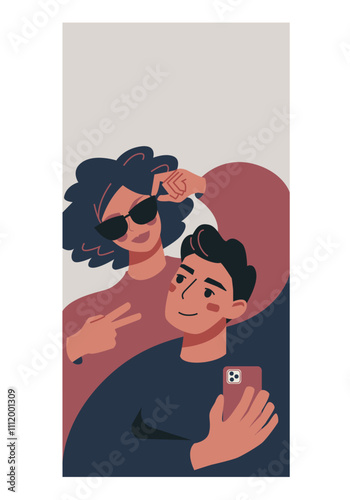 Vertical banner with cartoon modern people. Cute woman in sunglasses with a stylish man holding phone. Template for social media or cover.