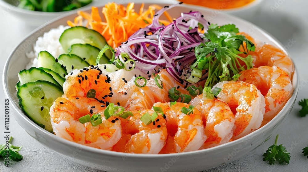 Fresh Shrimp Salad with Vegetables and Rice in Vibrant Bowl Fresh Shrimp Salad with Vegetables and Rice in Vibrant Bowl