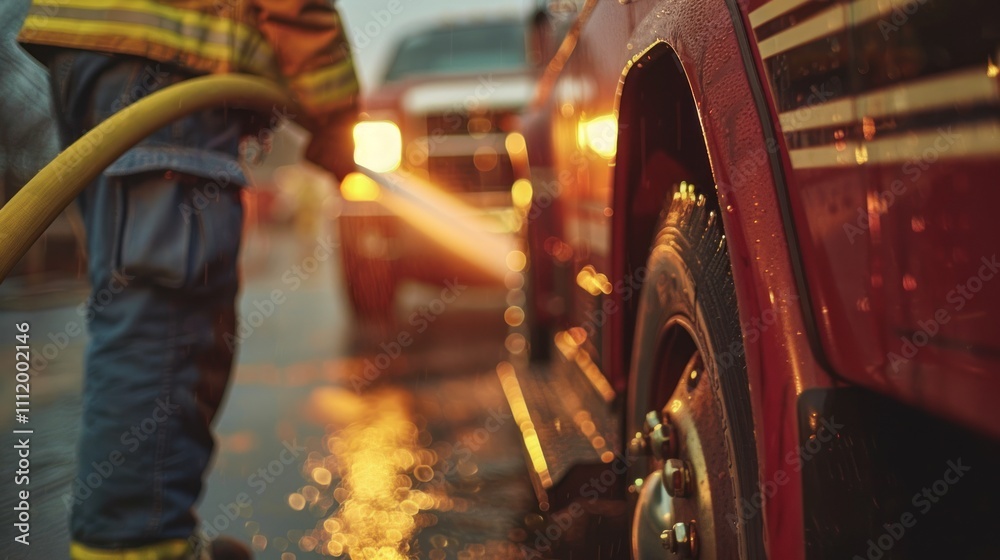 A close-up shot of a firefighter standing by the side of a fire truck, holding a hose nozzle, ready to respond to an emergency situation with determination. A close-up shot of a firefighter standing by the side of a fire truck, holding a hose nozzle, ready to respond to an emergency situation with determination.