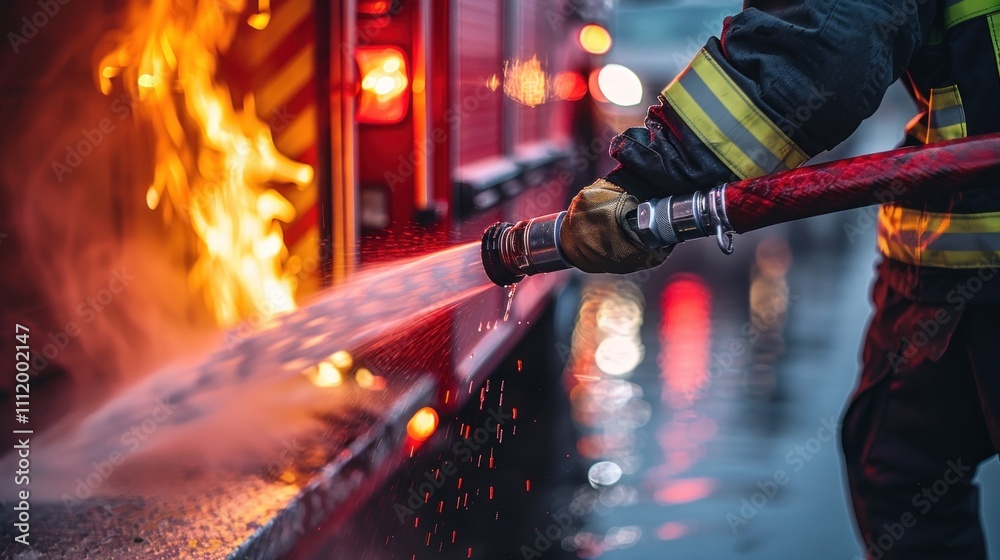 A close-up shot of a firefighter standing by the side of a fire truck, holding a hose nozzle, ready to respond to an emergency situation with determination. A close-up shot of a firefighter standing by the side of a fire truck, holding a hose nozzle, ready to respond to an emergency situation with determination.