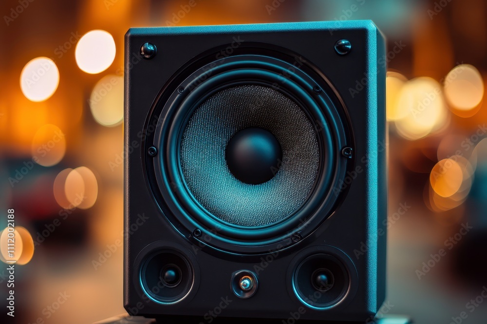 High-Resolution Close-Up of Modern Audio Speaker with Professional Sound Technology Against a Soft Bokeh Background Featuring Warm Light and Urban Atmosphere at Night