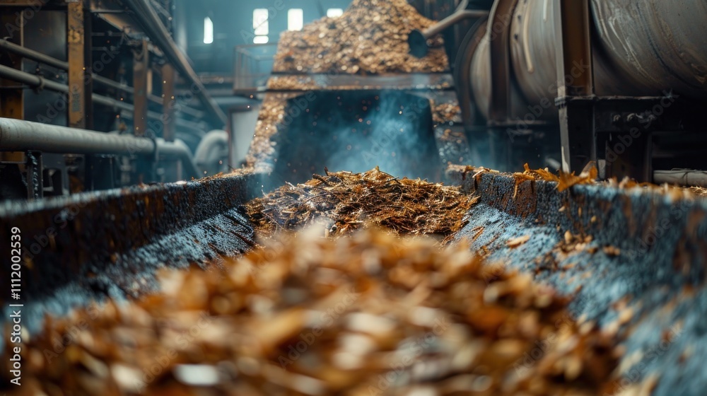 A close-up view of a biomass furnace, where agricultural waste and plant material are burned to produce energy, representing the transformation of natural waste into a valuable energy resource A close-up view of a biomass furnace, where agricultural waste and plant material are burned to produce energy, representing the transformation of natural waste into a valuable energy resource