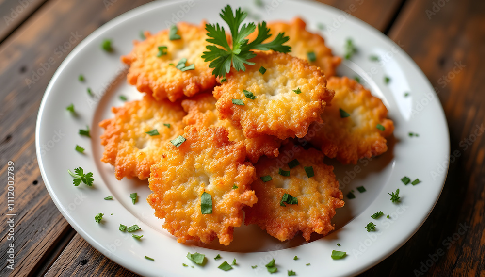 Top-down view of crispy golden hash browns on a white plate, garnished with parsley Top-down view of crispy golden hash browns on a white plate, garnished with parsley