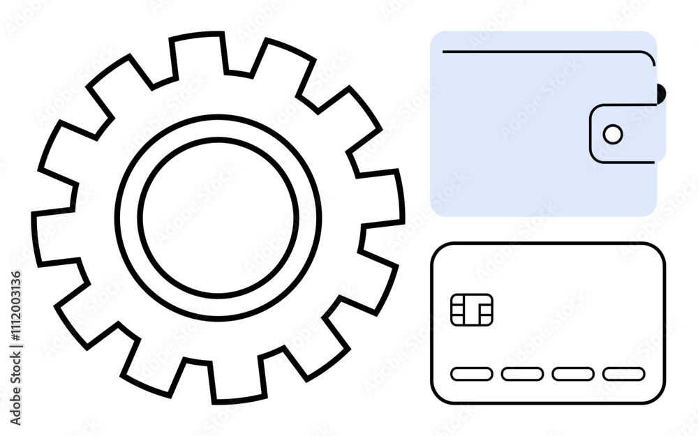Large gear beside wallet and credit card emphasizes finance management, automation, efficiency. Ideal for financial services, budgeting, fintech apps, process optimization, banking, e-commerce Large gear beside wallet and credit card emphasizes finance management, automation, efficiency. Ideal for financial services, budgeting, fintech apps, process optimization, banking, e-commerce