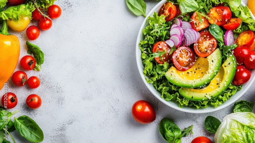 Fresh Healthy Salad Bowl with Colorful Ingredients on Gray Surface Fresh Healthy Salad Bowl with Colorful Ingredients on Gray Surface