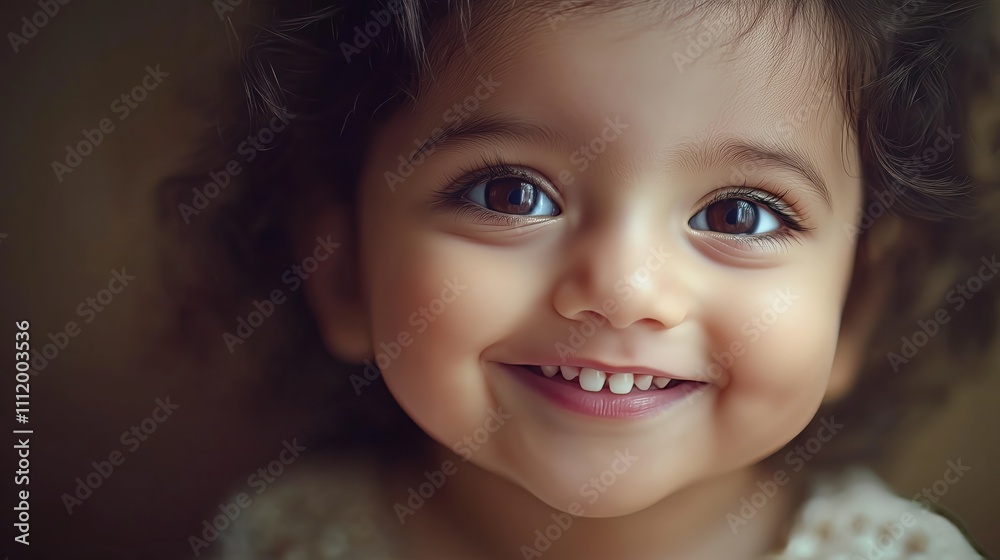 Beautiful young girl with curly hair smiling joyfully against a softly lit background Beautiful young girl with curly hair smiling joyfully against a softly lit background