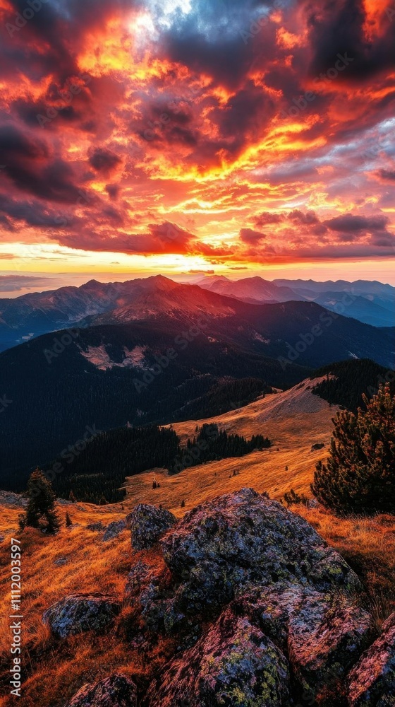 Obraz premium Breathtaking sunset over mountains with vibrant clouds and rocky foreground.