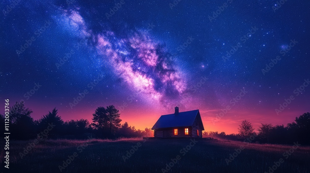Cozy cabin glows under a vibrant night sky filled with stars and the Milky Way galaxy. Cozy cabin glows under a vibrant night sky filled with stars and the Milky Way galaxy.