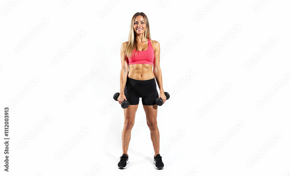 Athletic woman in good physical shape, dressed in a tracksuit, holding a dumbbells on white background Athletic woman in good physical shape, dressed in a tracksuit, holding a dumbbells on white background