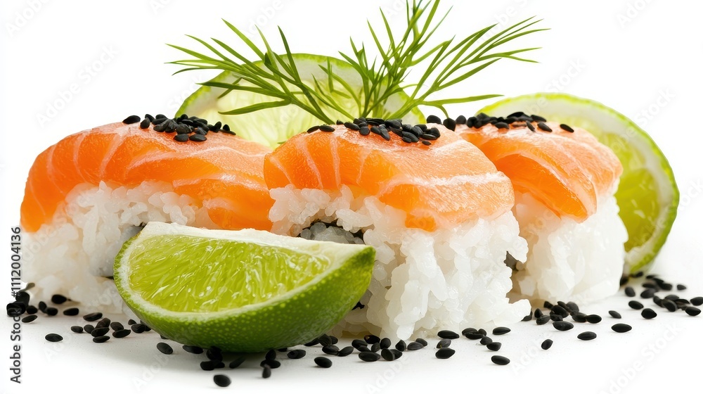 Fresh Sushi Rolls with Salmon, Lime, and Black Sesame on White Background Fresh Sushi Rolls with Salmon, Lime, and Black Sesame on White Background
