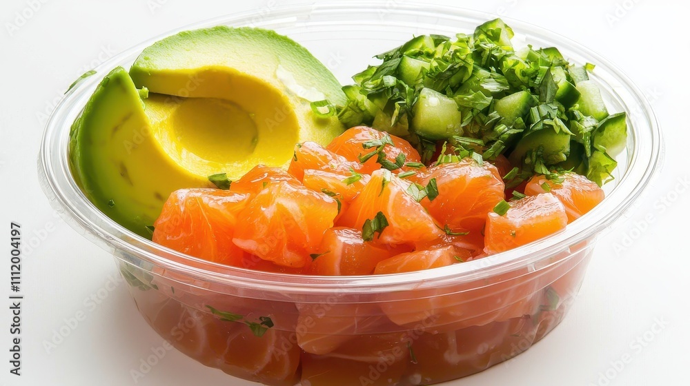 Fresh Salmon, Avocado, Cucumber, and Herbs in a Clear Bowl Fresh Salmon, Avocado, Cucumber, and Herbs in a Clear Bowl