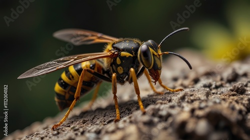 Detailed closeup on a black and yellow Common European paperwasp photo