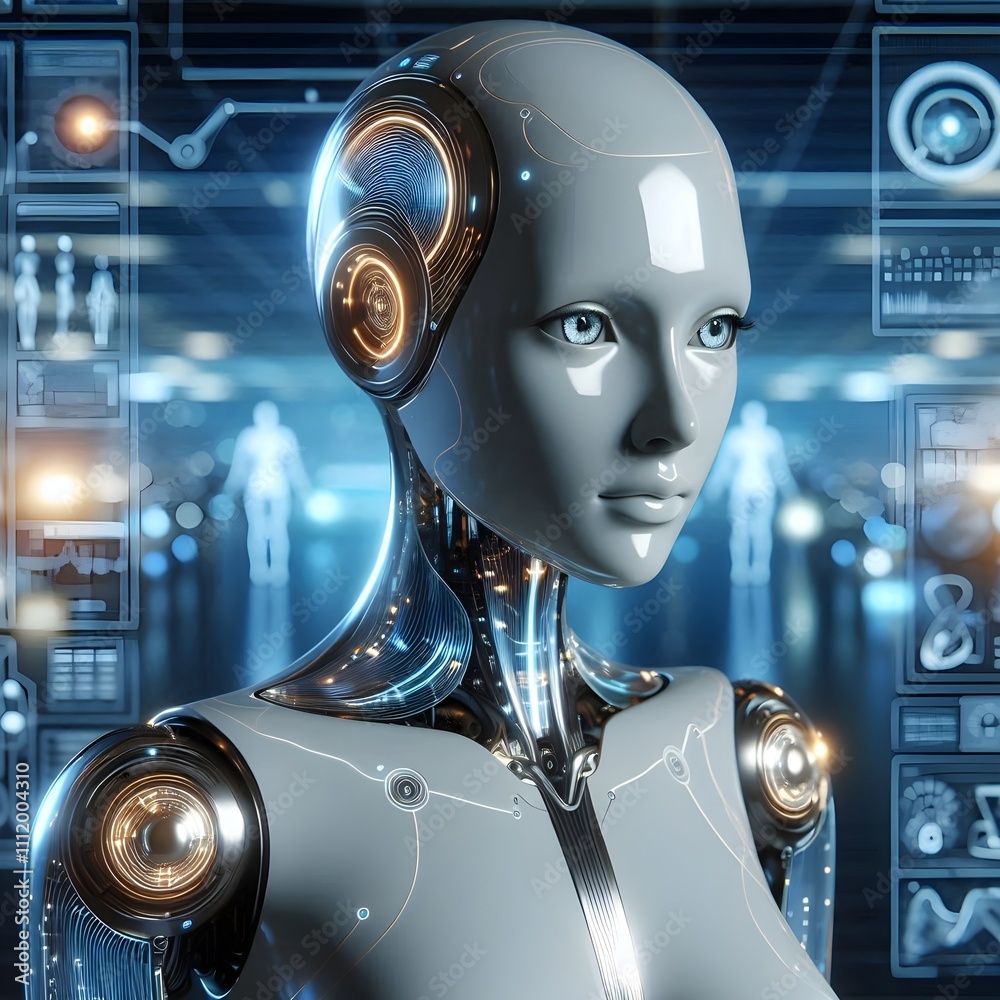 Futuristic Female Robot in High-Tech Control Room Futuristic Female Robot in High-Tech Control Room
