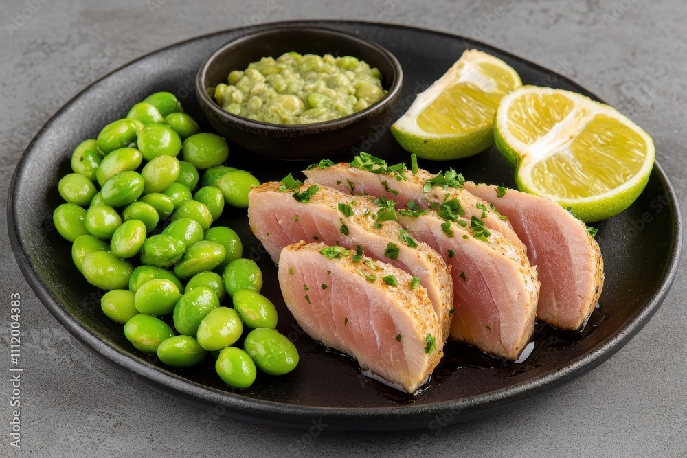 Fresh Seared Tuna with Edamame and Lime on Black Plate Fresh Seared Tuna with Edamame and Lime on Black Plate