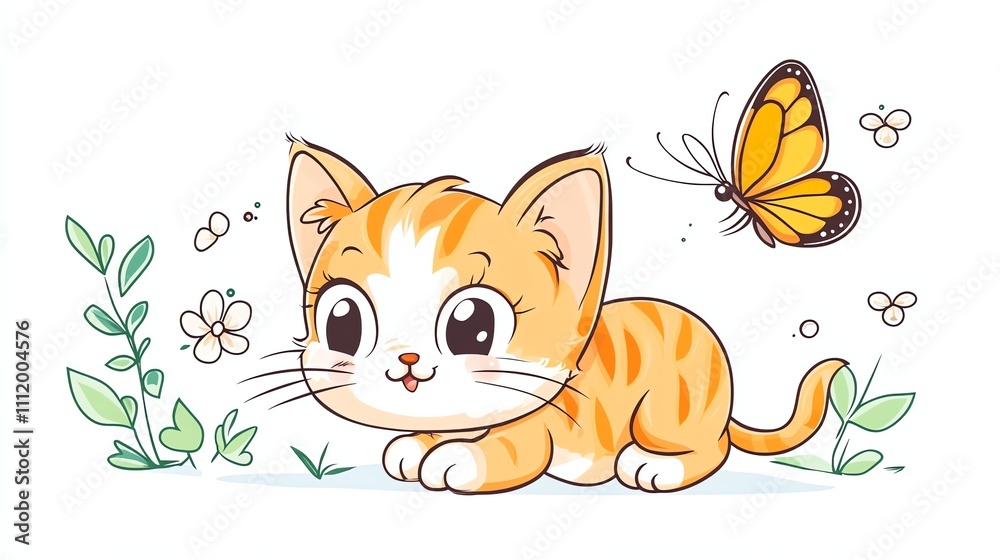 Obraz premium A cute cartoon cat with a butterfly.