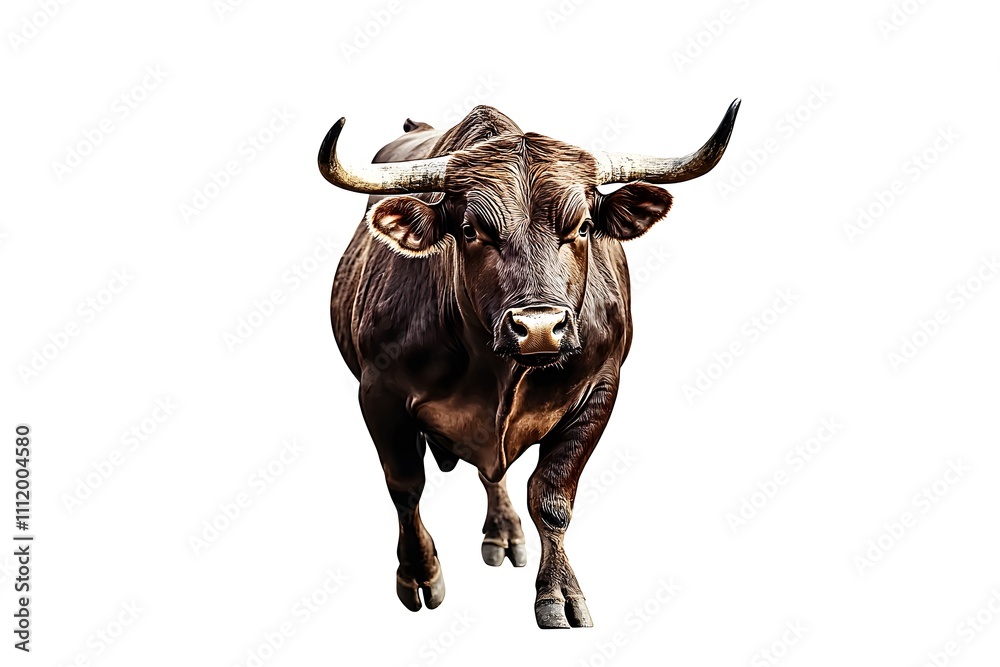 Naklejka premium Black bull with large horns standing isolated on white background