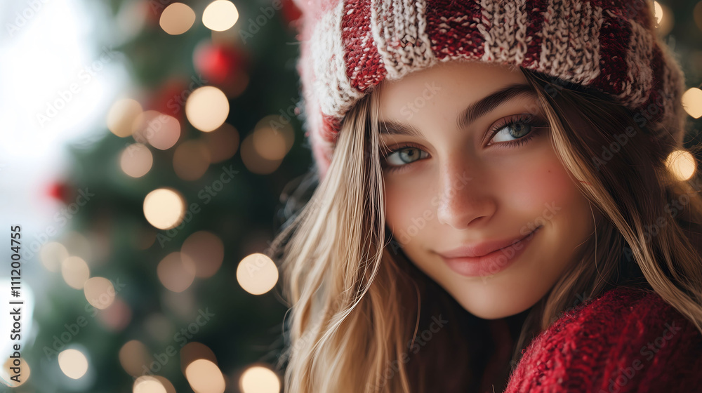 A smiling girl in a Christmas dress in front of a Christmas tree. A smiling girl in a Christmas dress in front of a Christmas tree.