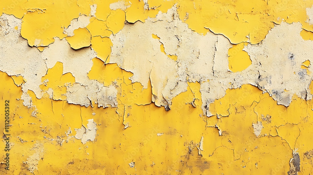 Obraz premium Peeling paint on a bright yellow wall gives it a weathered, rustic charm.