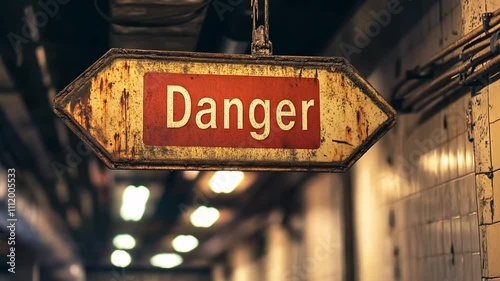 Rusty danger sign hanging in dark industrial tunnel.