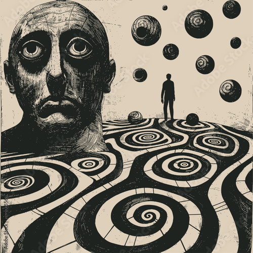 A surreal black and white illustration of a distorted face with swirling patterns, vector illustration.	