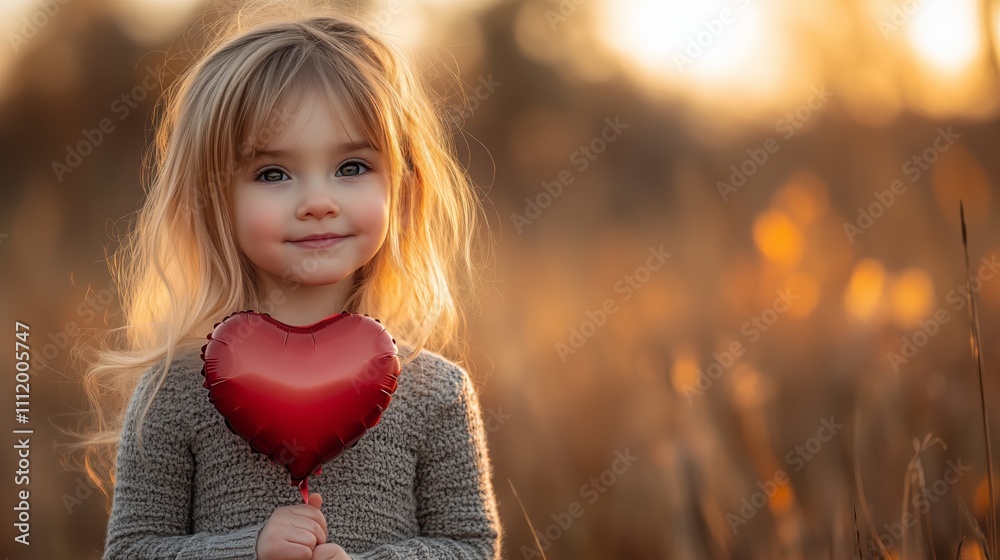 Adorable child holding heart-shaped balloon in glowing field at sunset