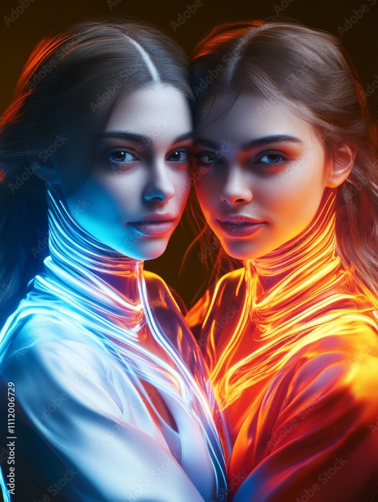 Obraz premium Striking image of two identical twins bathed in colorful light, each representing contrasting hues that mesmerize the viewer.