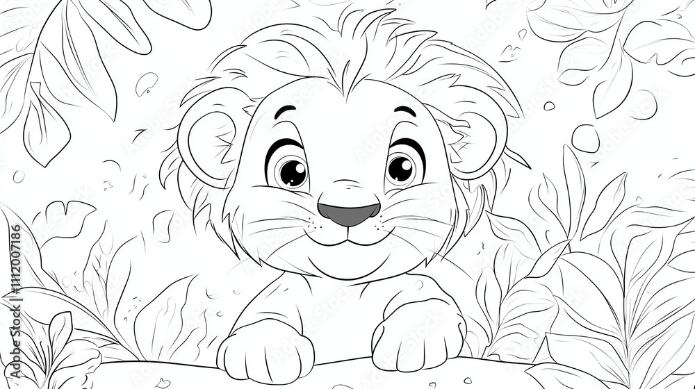 A cute cartoon lion cub in a jungle. A cute cartoon lion cub in a jungle.
