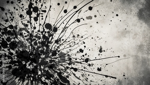 Abstract black and white ink splatters and smudges on textured background, creating grunge and chaotic artistic effect