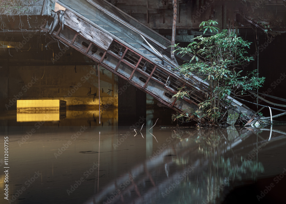 Dramatic view of Damaged escalators inside Abandoned new world shopping mall building by rain flood water. Structural and ruins was left to deteriorate over time. use it as your wallpaper, Copy space.