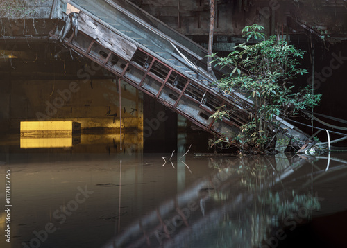 Obraz na płótnie Dramatic view of Damaged escalators inside Abandoned new world shopping mall building by rain flood water. Structural and ruins was left to deteriorate over time. use it as your wallpaper, Copy space. w salonie