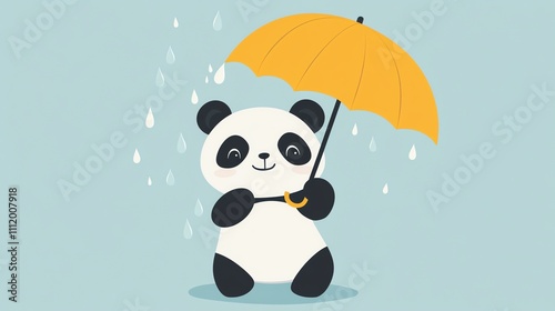 A cute cartoon panda holding a yellow umbrella in the rain.