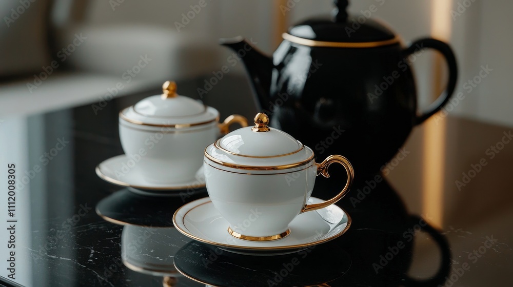 Elegant tea set with fine china cups and a black teapot on a polished table. Elegant tea set with fine china cups and a black teapot on a polished table.