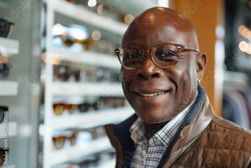 A joyful man wearing glasses smiles confidently near an eyewear display shelf, capturing the essence of satisfaction and vibrant expression in a fashionable setting.