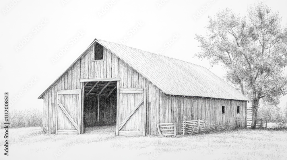 Obraz premium A detailed illustration of a rustic wooden barn with open doors, set against a serene rural backdrop.