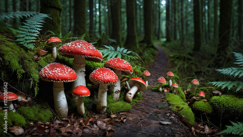 fly agaric on moss-covered forest floor