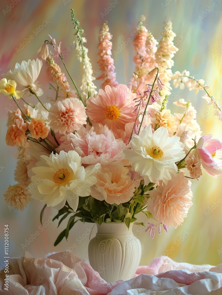 Obraz premium Floral Elegance in Soft Hues - A beautiful floral arrangement showcasing pastel tones, symbolizing love, serenity, grace, and beauty, perfect for home decor and events.