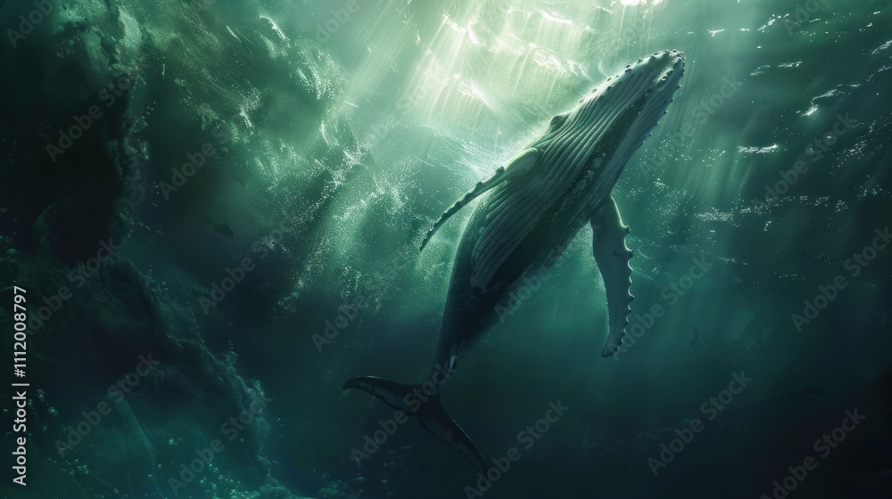 Fototapeta premium Majestic Whale Swimming Underwater in Sunlit Ocean Depths Capturing Nature's Grace