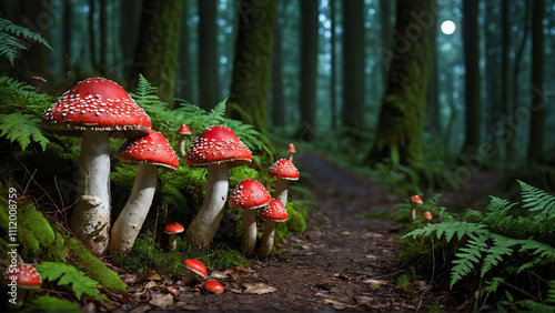 fly agaric on moss-covered forest floor