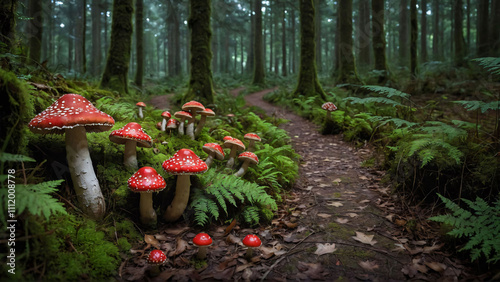 fly agaric on moss-covered forest floor