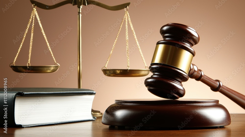 Justice System Symbol with Gavel and Scales on Wooden Table Justice System Symbol with Gavel and Scales on Wooden Table