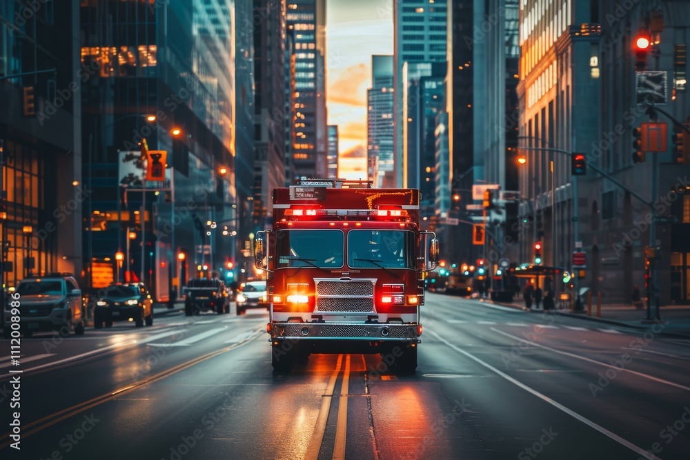 A firetruck journeying through a busy city street at twilight, surrounded by illuminated buildings, showcasing urban activity and emergency preparedness. A firetruck journeying through a busy city street at twilight, surrounded by illuminated buildings, showcasing urban activity and emergency preparedness.