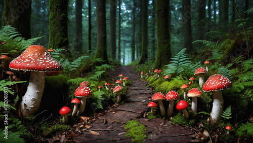 fly agaric on moss-covered forest floor