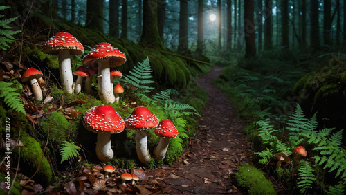 fly agaric on moss-covered forest floor
