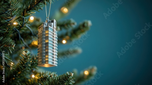 Stylish Christmas ornament shaped like a skyscraper hanging on a festive tree. Perfect for real estate holiday cards, branding, or marketing in the property business photo