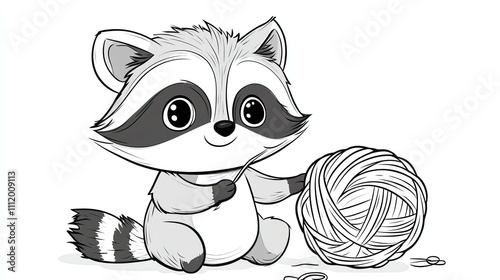 A cute cartoon raccoon knitting. photo