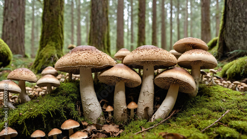 cluster of small mushrooms with brown caps