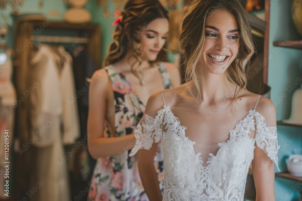 Naklejka premium A bride in a beautiful wedding dress is assisted by her friend in a floral dress, set in a vibrant dress shop, conveying friendship and joyful anticipation.