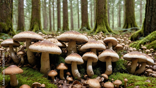 cluster of small mushrooms with brown caps