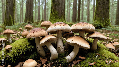 cluster of small mushrooms with brown caps